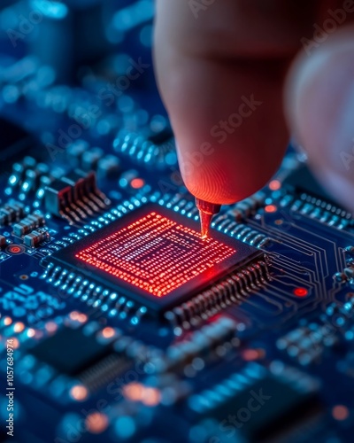 A close-up shot of a finger touching a glowing red computer chip on a circuit board.