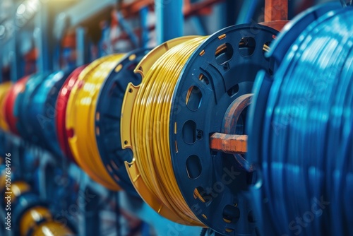 Colorful spools of plastic wire hanging in a warehouse, ready for industrial use photo