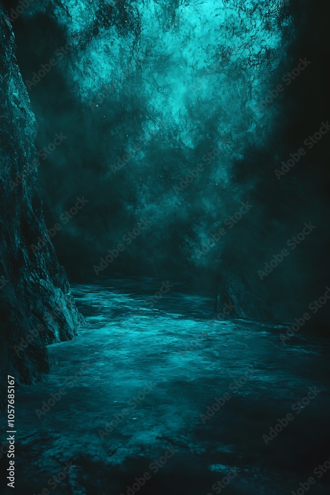 Obraz premium Neon Light Background: A dark night scene with blue-green neon lights, creating a grainy texture for a fantasy theme.