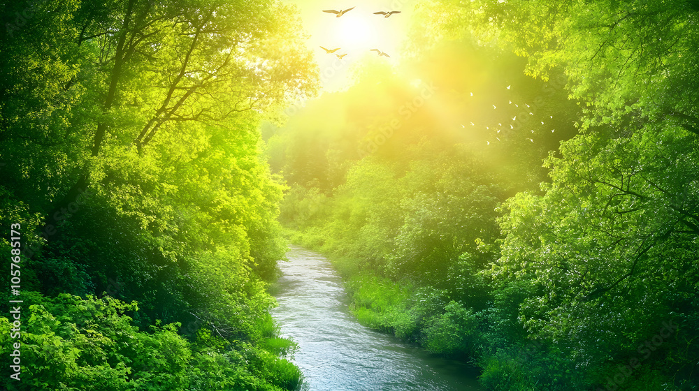Obraz premium Sunlight streams through lush green trees over a winding river.