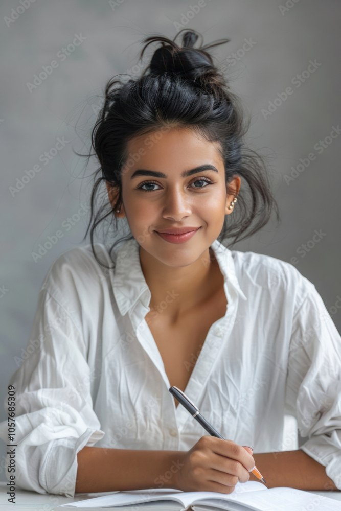 Young modern indian woman teacher smiling and writing in magazine, on neutral background, vertical shot