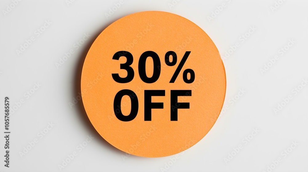 Black '30% OFF' Text on a Orange Round Paper Note. White Background with Copy Space Black '30% OFF' Text on a Orange Round Paper Note. White Background with Copy Space