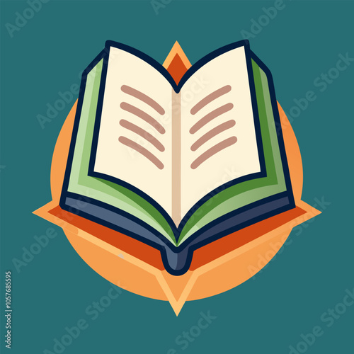 A vibrant illustration of an open book with pages filled with lines, symbolizing knowledge, reading, and education. This graphic is perfect for representing learning, literature.