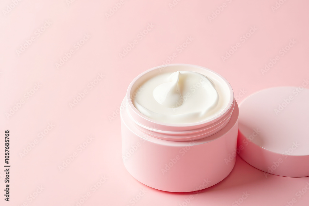 an open jar of skin moisturizer on a pink background , top view, side view, close-up an open jar of skin moisturizer on a pink background , top view, side view, close-up