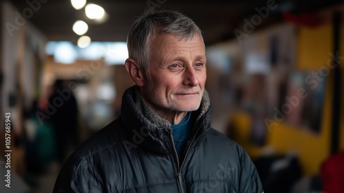 Man with a beard and gray hair is wearing a black jacket