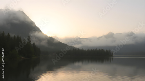 minimal, cinematic, dense fog over a tranquil pond, thunderstorm, dark teal and amber, Sony A7 IV