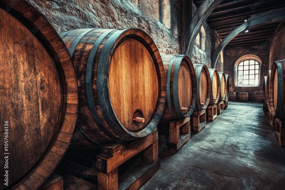 Oak wine barrels in old dark wine Oak wine barrels in old dark wine