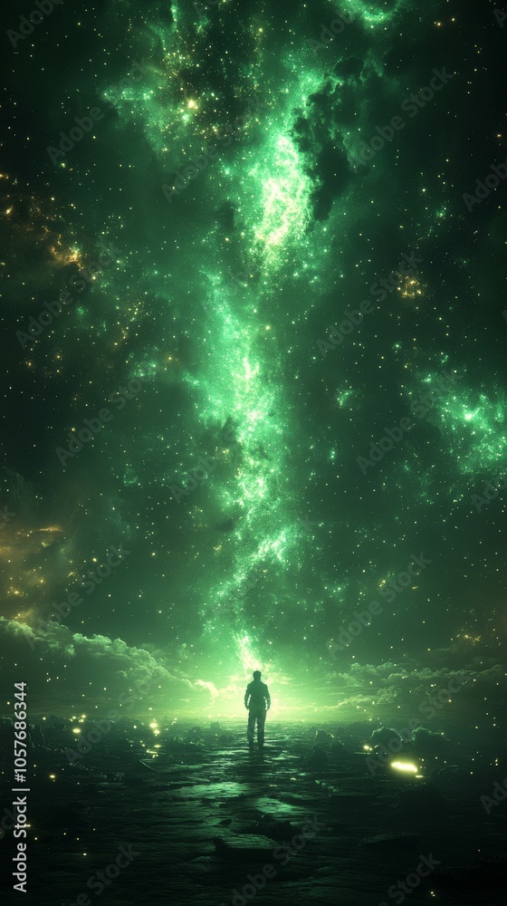 Silhouetted figure standing on a desolate landscape gazing up at a swirling green galaxy filled with bright stars and glowing clouds Silhouetted figure standing on a desolate landscape gazing up at a swirling green galaxy filled with bright stars and glowing clouds