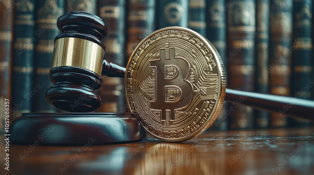 A gavel and a bitcoin coin on a wooden surface, with a row of law books in the background. A gavel and a bitcoin coin on a wooden surface, with a row of law books in the background.