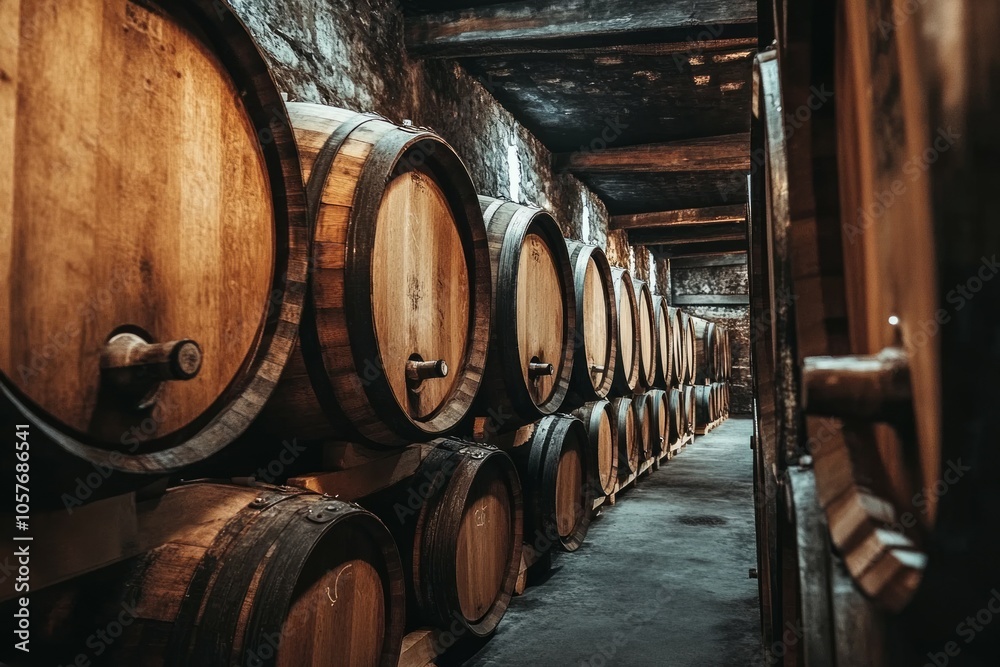 Oak wine barrels in old dark wine Oak wine barrels in old dark wine