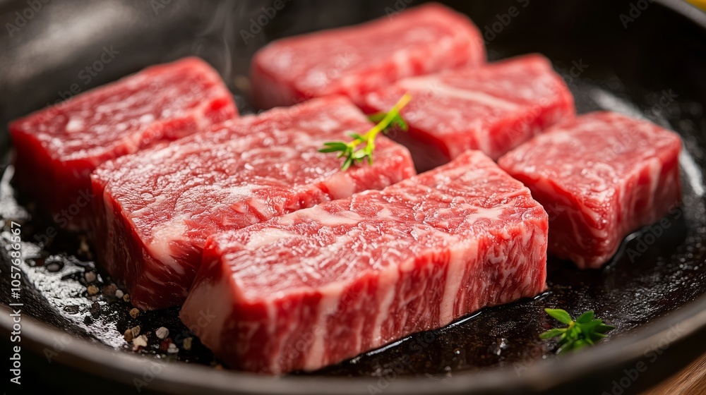Piece of meat is in a pan with some herbs on top Piece of meat is in a pan with some herbs on top