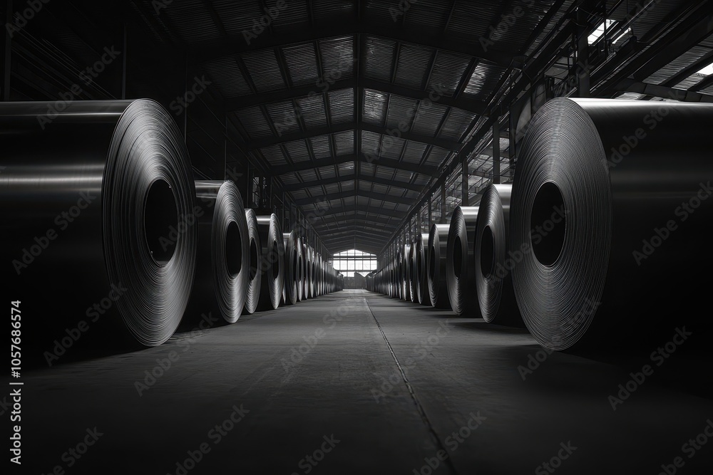 Steel coil storing inside a large industrial warehouse or factory, emphasizing the scale of metal production Steel coil storing inside a large industrial warehouse or factory, emphasizing the scale of metal production