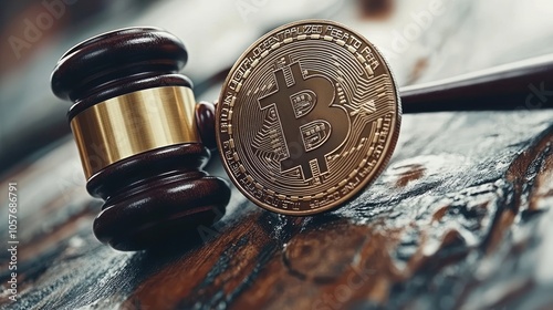 A gavel and a Bitcoin coin on a wooden table. photo