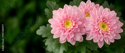 Bright and vivid chrysanthemum flowers in full bloom surrounded by a lush and verdant garden landscape The colorful petals and abundant foliage create a serene and elegant horticultural scene