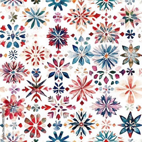 A vibrant, floral pattern featuring colorful star-shaped designs against a white background, perfect for textile or home decor applications.