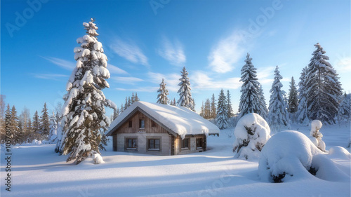 Cozy Winter Cabin in Snowy Forest with Blue Sky Background