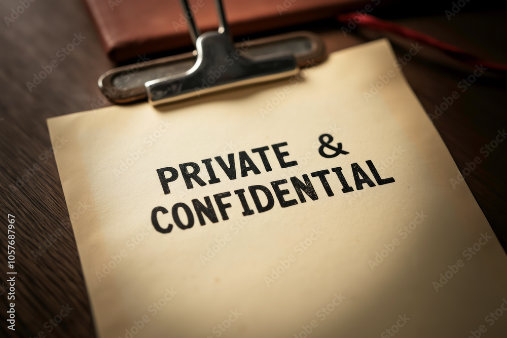 Close-up of a document marked Private & Confidential on a clipboard, symbolizing secrecy, privacy, and sensitive information handling, with a focused, subdued lighting. Close-up of a document marked Private & Confidential on a clipboard, symbolizing secrecy, privacy, and sensitive information handling, with a focused, subdued lighting.
