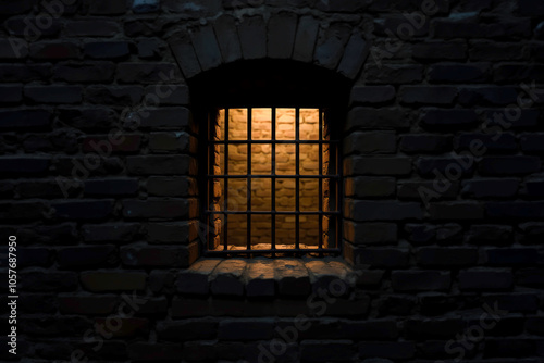 Close-up of a barred window in an old brick wall, dimly lit from the inside, evoking themes of confinement, isolation, and solitude, often associated with prison or detention