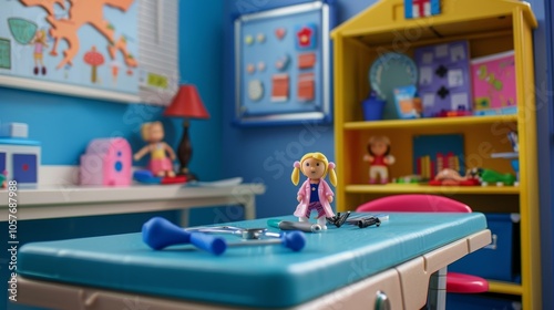 A pretend doctors office with a childsized exam table medical tools and dolls for roleplaying as a medical professional. photo