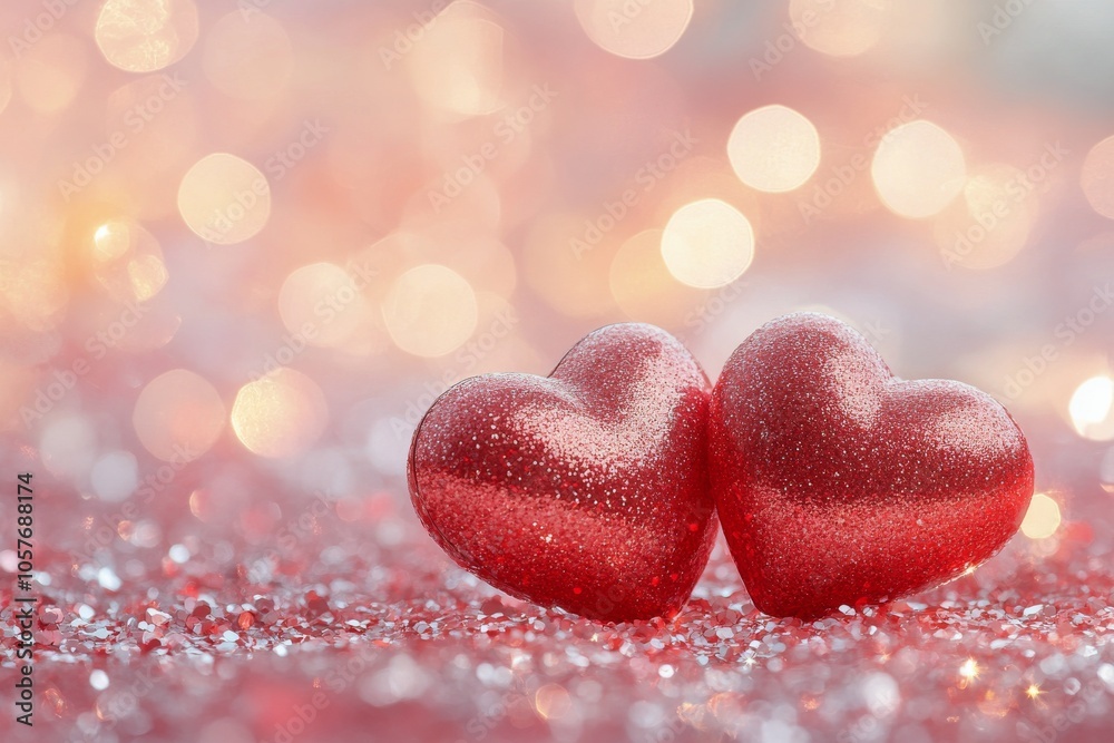 Shimmering red hearts resting side by side on a sparkling surface during a festive celebration Shimmering red hearts resting side by side on a sparkling surface during a festive celebration