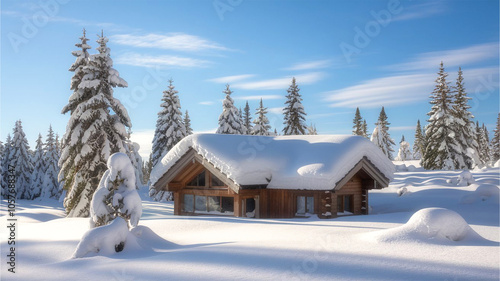 Cozy Winter Cabin in Snowy Forest with Blue Sky Background