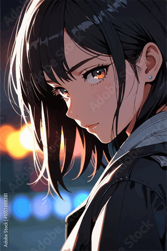 Illustration of a stylish young woman looking intensely, with city lights bokeh in the background