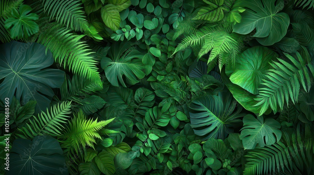 Aerial view of lush jungle with dense green leaves, digital art, high contrast, deep shadows, natural landscape Aerial view of lush jungle with dense green leaves, digital art, high contrast, deep shadows, natural landscape