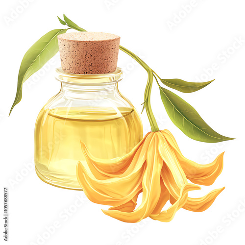 Essential oil, yellow flower, white isolate background photo