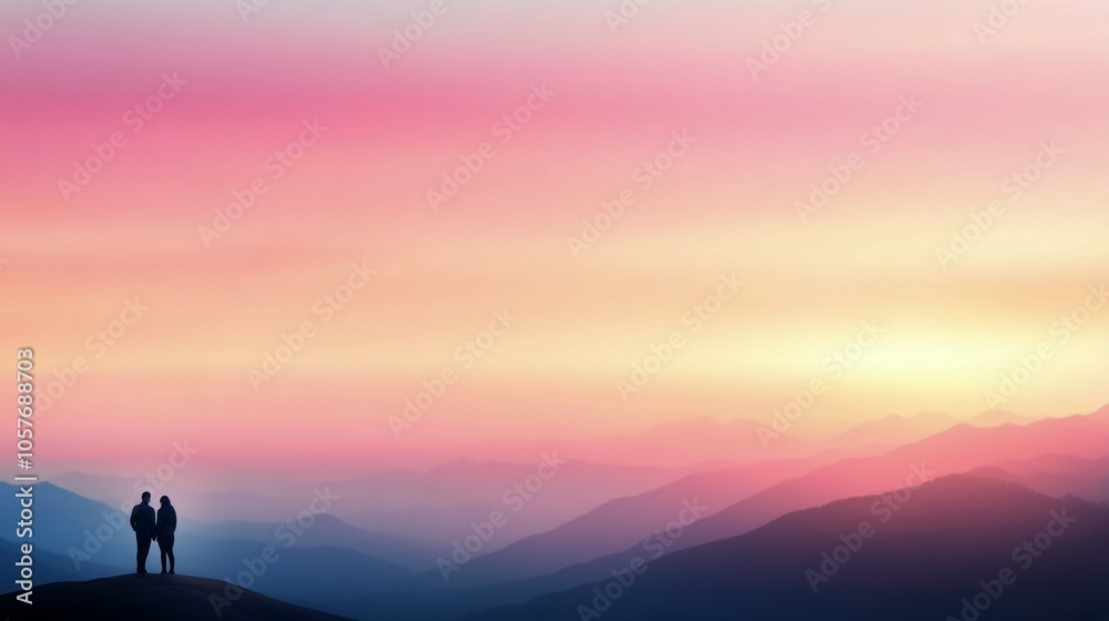Couple standing together on a mountain ridge at sunset with a colorful sky in the background