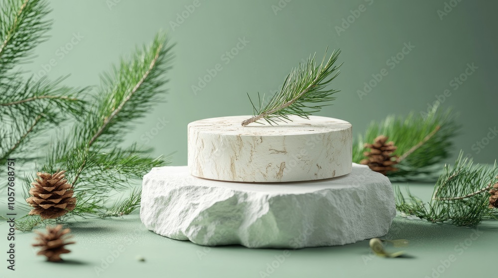 Organic-themed product showcase with white stone base, pine sprigs, and mint green background. Gentle and clean design, perfect for natural products. Organic-themed product showcase with white stone base, pine sprigs, and mint green background. Gentle and clean design, perfect for natural products.