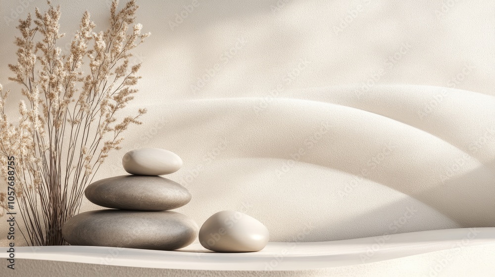 Organic showcase with smooth stones and dry plants against a soft beige and cream 3D background, creating a peaceful Zen setting. Organic showcase with smooth stones and dry plants against a soft beige and cream 3D background, creating a peaceful Zen setting.