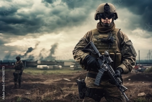 Military personnel holding a rifle standing guard in a war-torn landscape, smoke rising from destroyed buildings in the distance