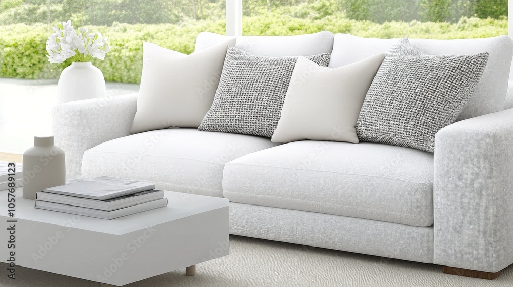 Modern living room with a stylish white couch and decorative pillows in a bright space Modern living room with a stylish white couch and decorative pillows in a bright space