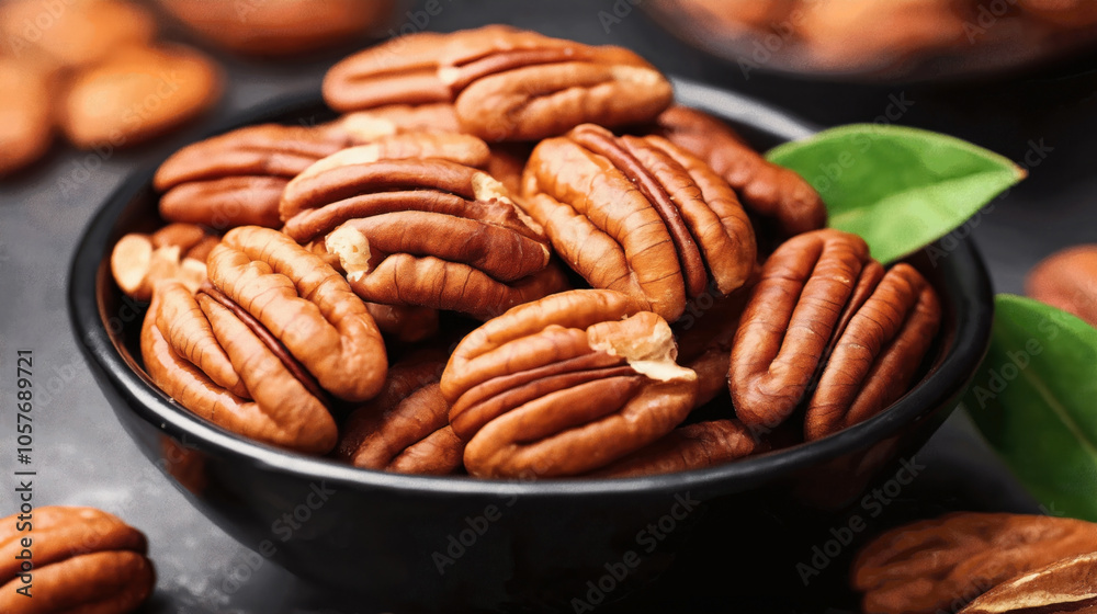 Close-up of a black bowl filled with shelled pecan nuts on a dark background with green leaves. Close-up of a black bowl filled with shelled pecan nuts on a dark background with green leaves.