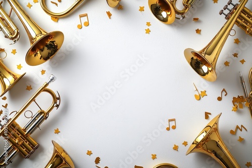 Brass instrument symphony: trumpets and trombones with musical notes photo