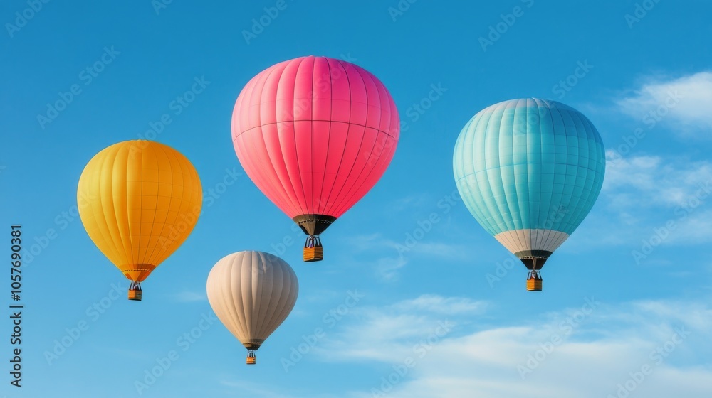 Fototapeta premium Colorful hot air balloons floating in a clear blue sky during a serene morning