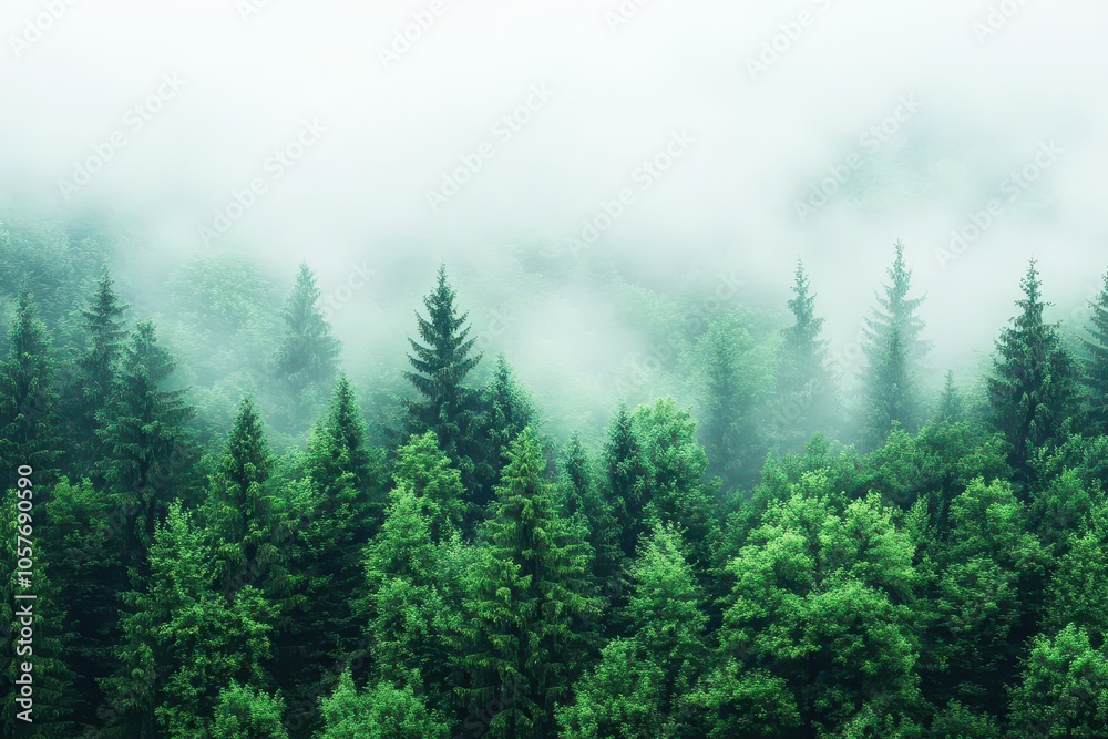 Birdseye view of forest with subtle fog, minimalist style, monochrome green, soft light, serene and peaceful ambiance
