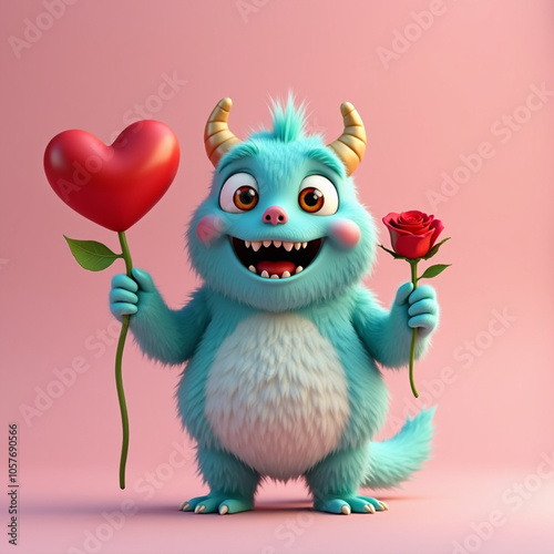 cute happy 3d render monster holding rose for valentine's day