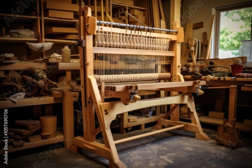 Wooden loom stands ready for weaving in a workshop filled with tools and materials