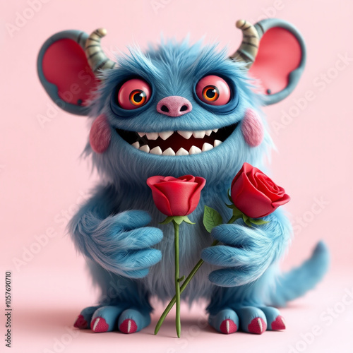 cute happy 3d render monster holding rose for valentine's day