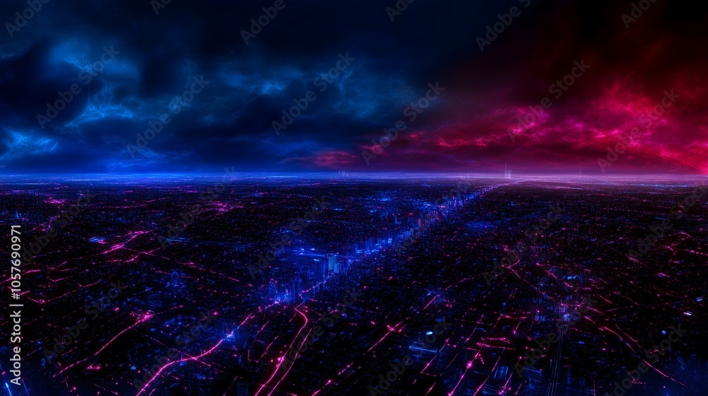 Fototapeta premium A futuristic city skyline glows with neon lights.