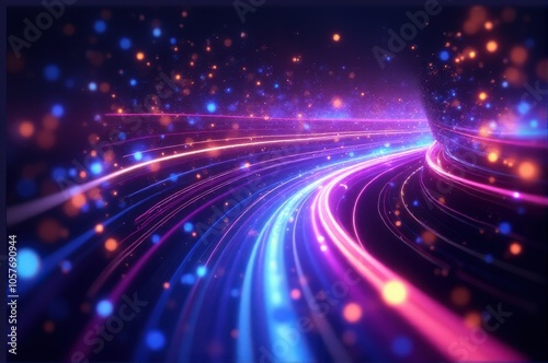 Abstract, futuristic background featuring golden, pink, and blue neon waves moving at high speed with glowing bokeh lights, representing a data transfer concept