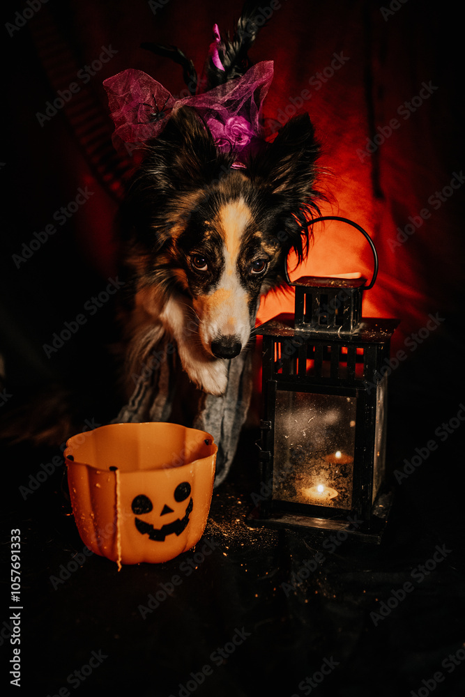 Zdjęcie psa w kostiumie Halloween na strasznym tle