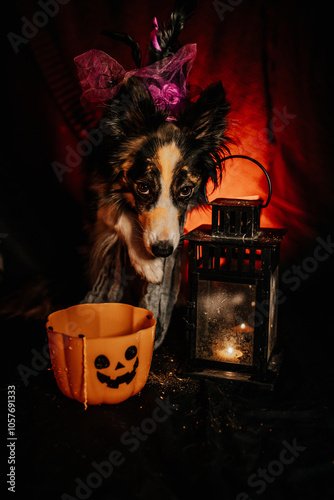 Obraz na płótnie Zdjęcie psa w kostiumie Halloween na strasznym tle w salonie