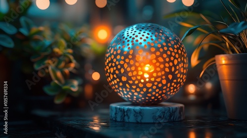 A glowing metal orb lamp on a marble base, surrounded by plants and warm lights.