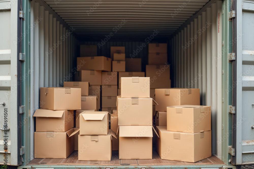 cardboard boxes goods in open marine container cardboard boxes goods in open marine container