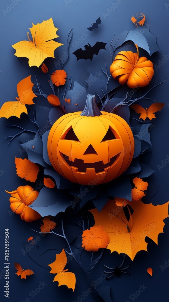 Smiling jack o lantern surrounded by orange leaves and bats on a blue background . Smiling jack o lantern surrounded by orange leaves and bats on a blue background .