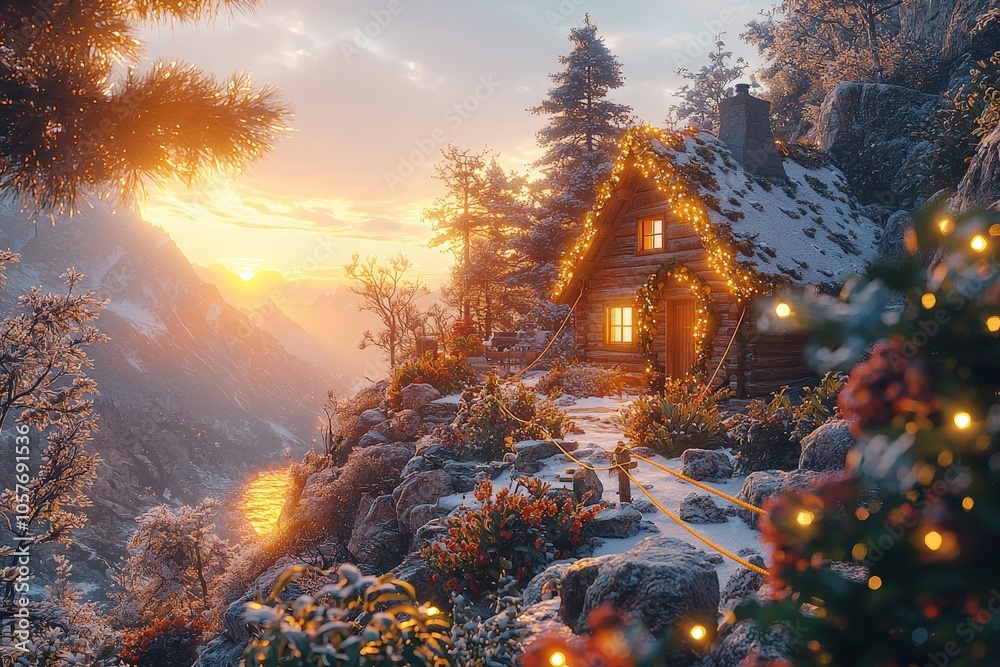 Cozy snow-covered cabin at sunrise with festive string lights in a winter wonderland Cozy snow-covered cabin at sunrise with festive string lights in a winter wonderland