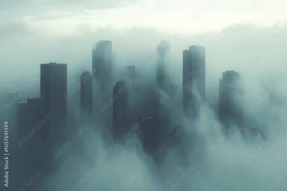 Cityscape of Skyscrapers Submerged in Dense Fog Cityscape of Skyscrapers Submerged in Dense Fog