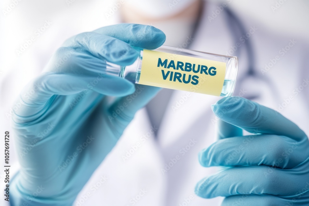 Doctor Scientist holding a test blood sample of Marburg Virus. Hand in blue glove with Laboratory tube for analysis. New epidemic illness. Outbreak of infectious disease spreading, worldwide pandemic Doctor Scientist holding a test blood sample of Marburg Virus. Hand in blue glove with Laboratory tube for analysis. New epidemic illness. Outbreak of infectious disease spreading, worldwide pandemic